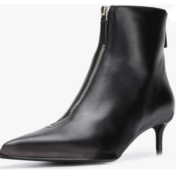 XYD Black Front Rear Double Zips Pointed Toe Low Thin Heel Ankle Boot Dressy - Picture 1 of 6